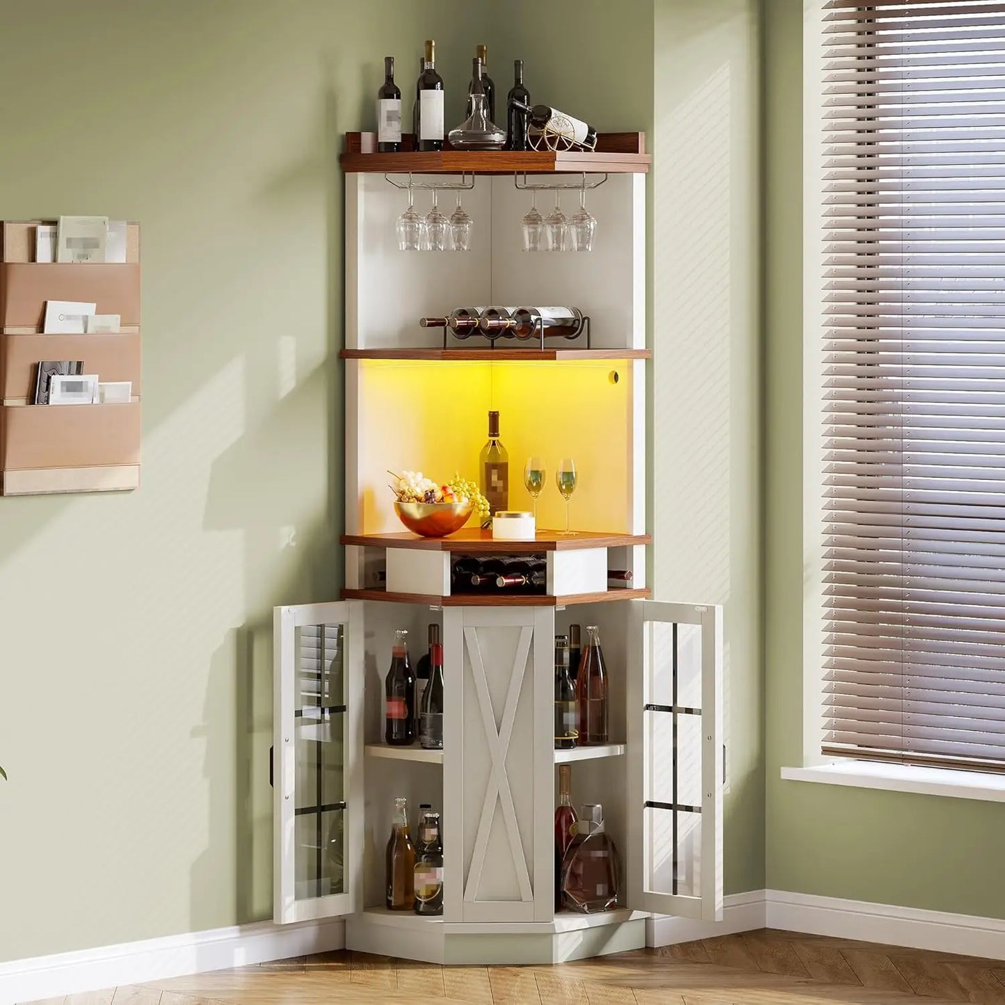 72" Farmhouse Corner Bar Cabinet with LED Lights & Glass Door