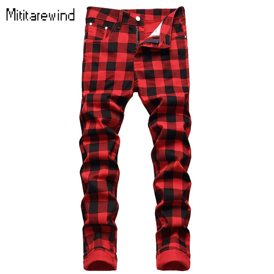 British Style Red Plaid Jeans for Men