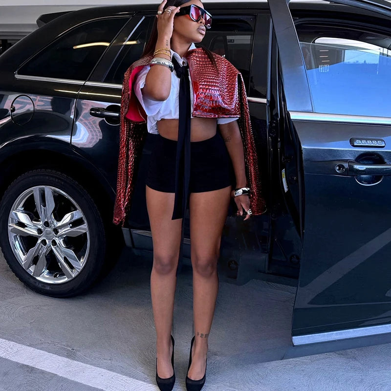 O Neck Long Sleeve Faux Leather Cropped Jacket