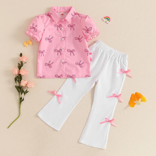 Adorable Bow Print Shirt and Elastic Flare Pants