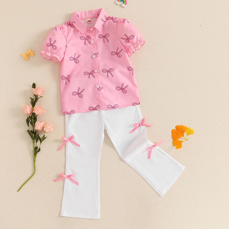Adorable Bow Print Shirt and Elastic Flare Pants