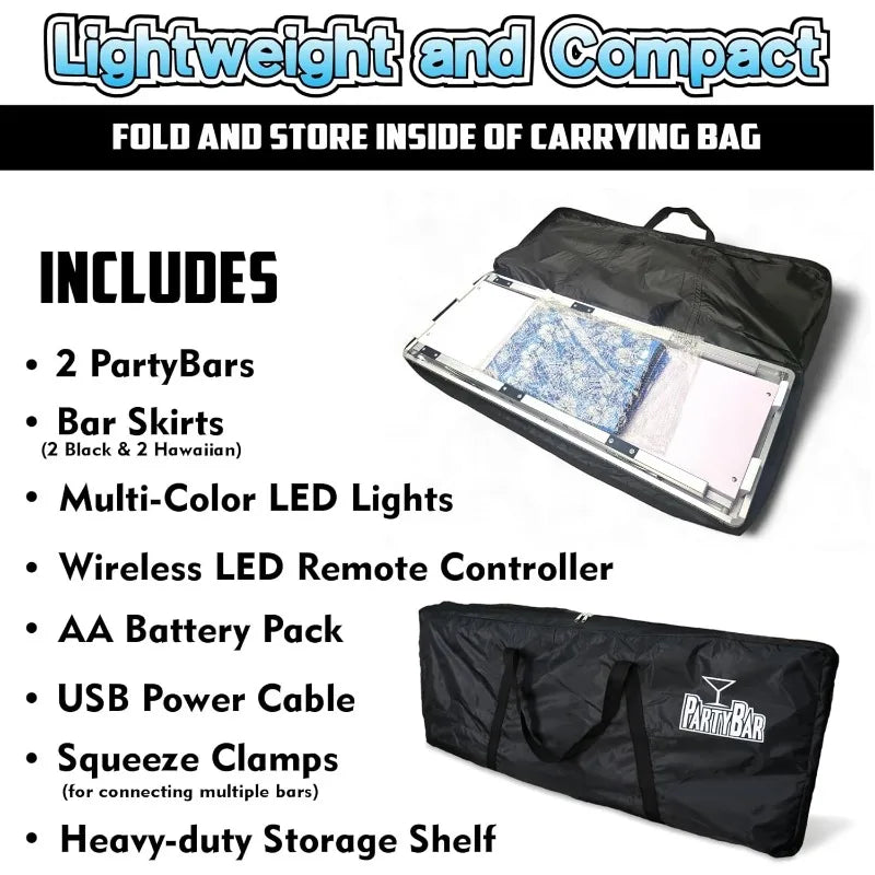 Folding Portable Bar w/LED Lights, Remote, 2 Bar Skirts, & Carrying Case