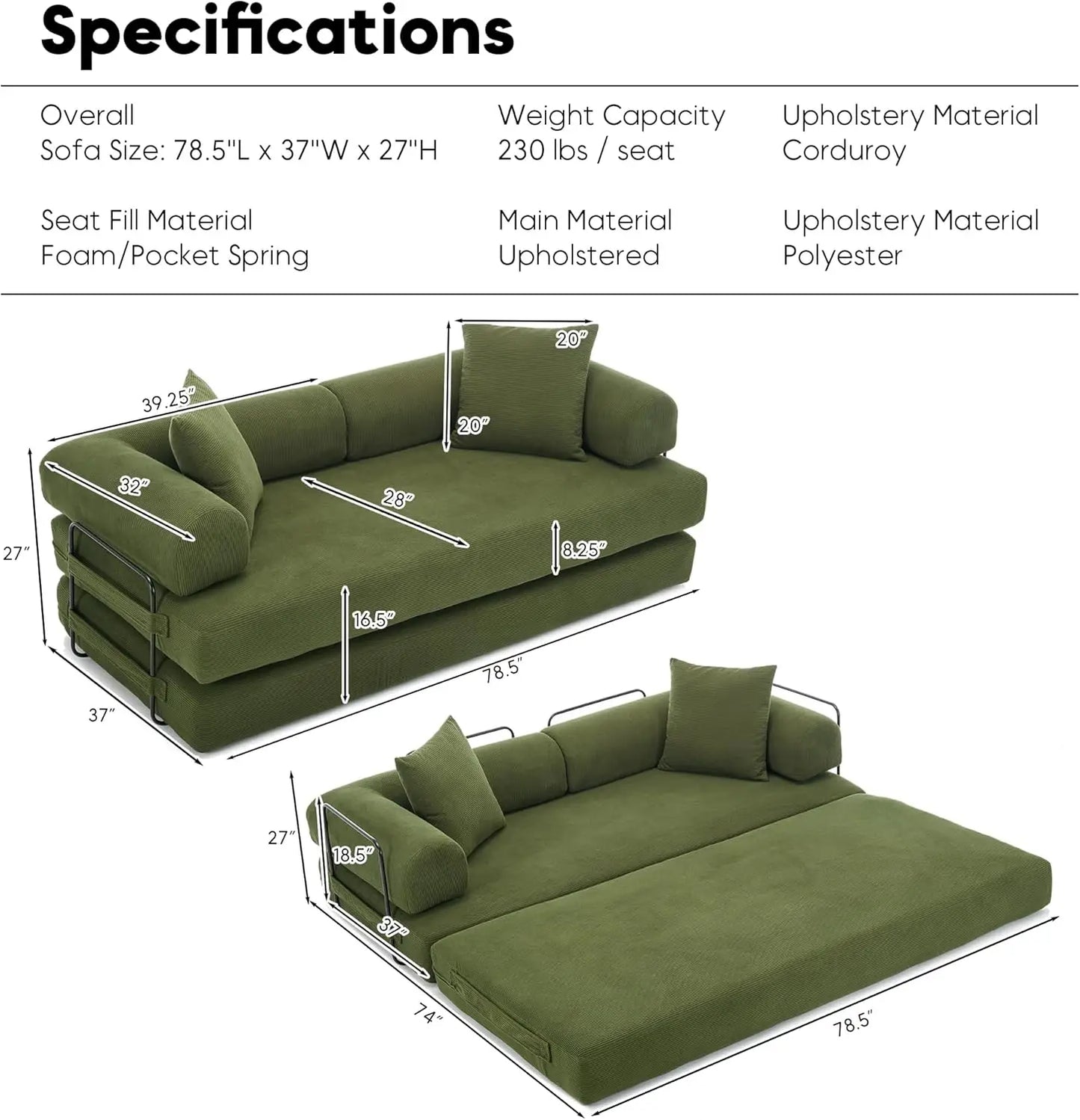 Convertible Sleeper Sofa Bed with Cylindrical Pillow