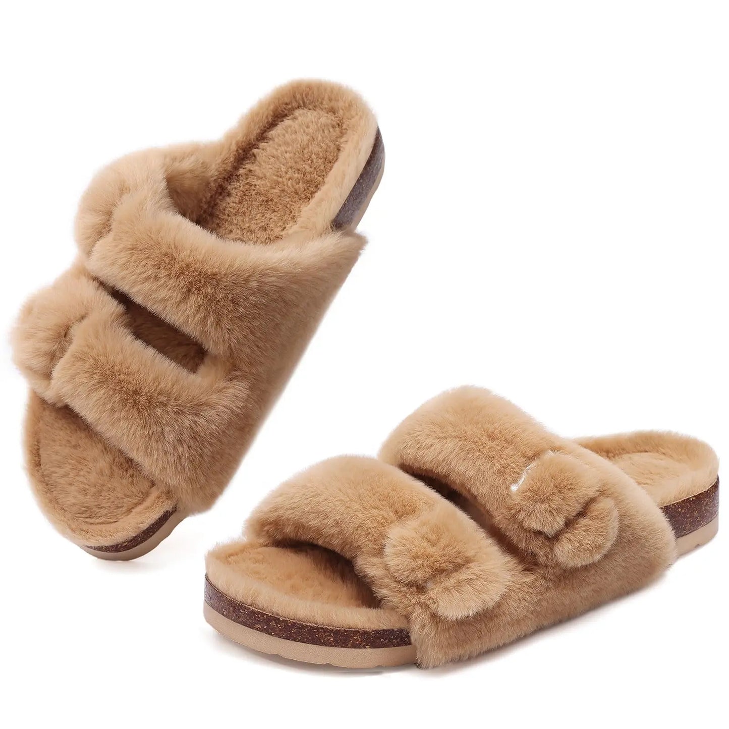Fluffy Sandals Open Toe with Adjustable Buckle