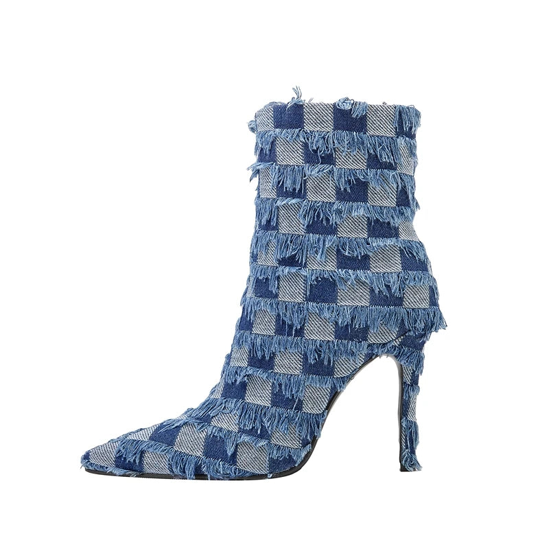 Denim Pointed High Heel Plaid Oversized Boots