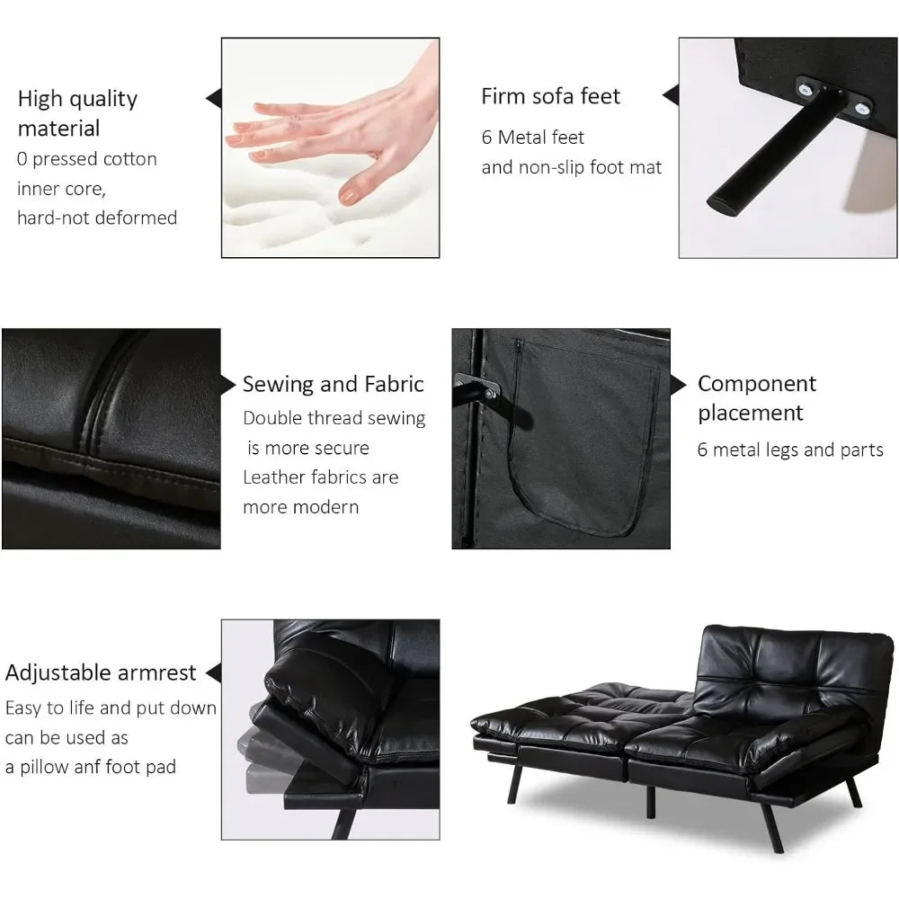 Convertible Futon Sofa Bed Memory Foam Black Leather
