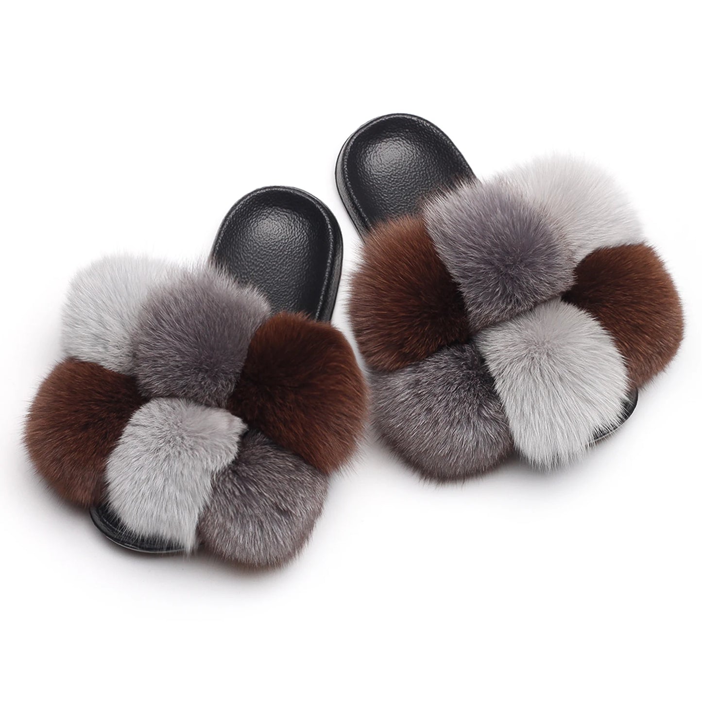 Real Fox Raccoon Slippers Pom Pom Fur Slides