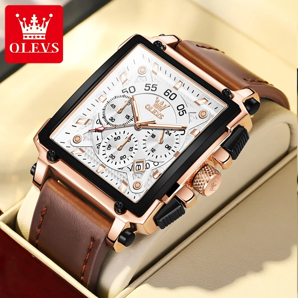 Chronograph Quartz Men's Watch Leather Strap 45MM