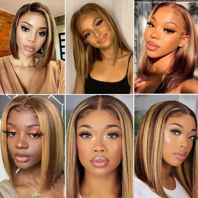 Highlight Color Straight Bob Lace Front Human Hair Wigs Brazilian Remy