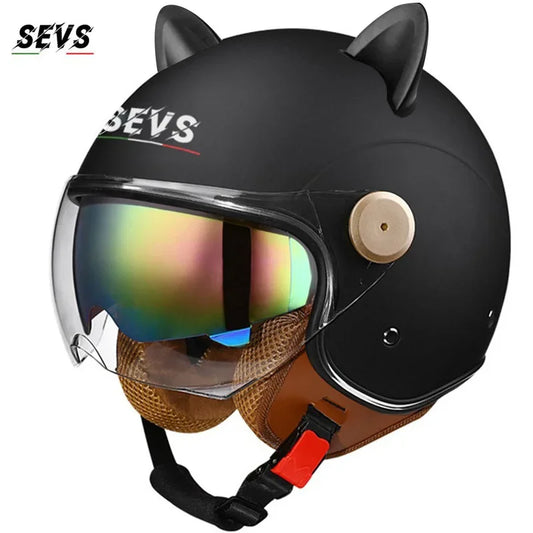 Vintage Cat Ear Motorcycle Helmet Retro Dual Visor