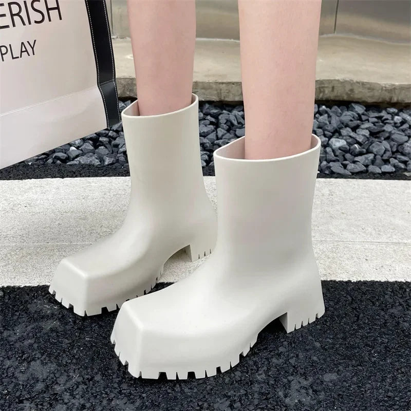 Waterproof Non-slip Short Boot Square Toe Soft Leather