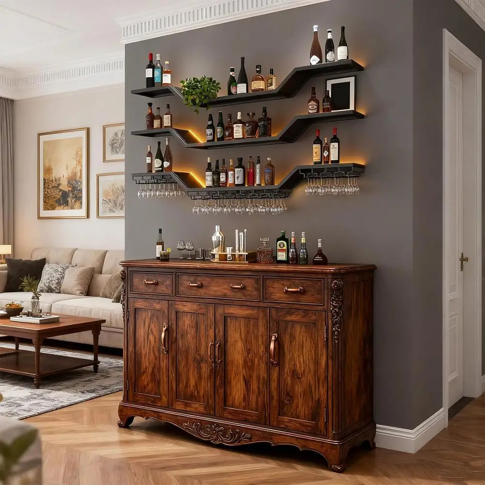 39.4in LED 3-Tier Floating Bar Shelves with Wine Glass Rack