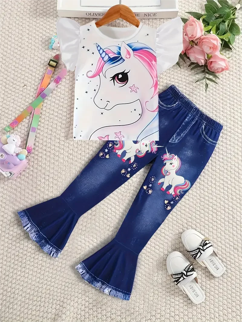 2-piece Cartoon Unicorn T-shirt Denim Print Bell Bottoms