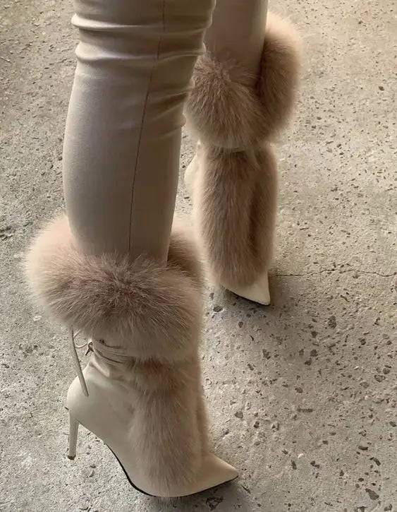 White\Beige Fur Mid Calf High Heel Pointed Toe Boot