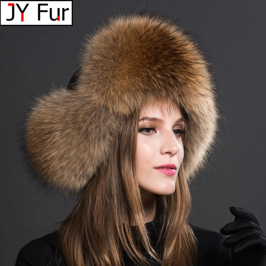 Women Fashion Bomber Pom Pom Real Fox Fur Cap