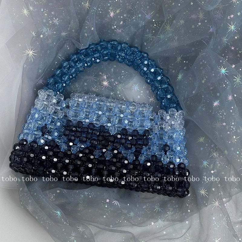 Gradient Blue Beaded Chain Handle Clutch Evening Bag