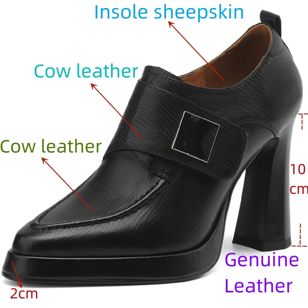Genuine Leather Chunky High Heels Platform