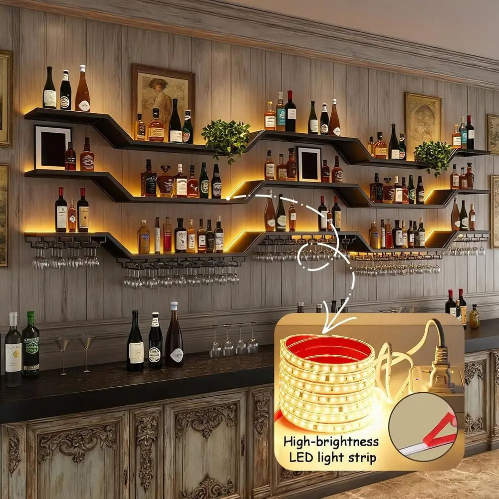 39.4in LED 3-Tier Floating Bar Shelves with Wine Glass Rack
