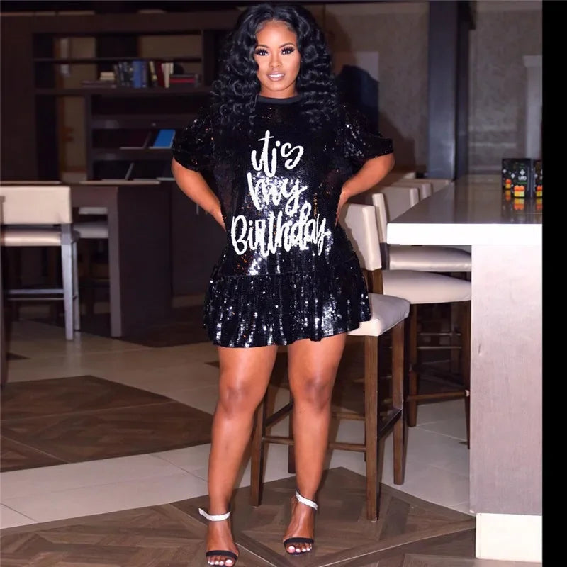 Short Sleeve Letter Sequins Shiny Casual T Shirt Dress