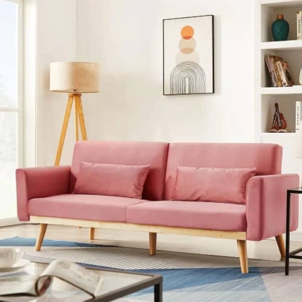Pink Velvet Futon Sofa Bed Memory Foam with Pillows