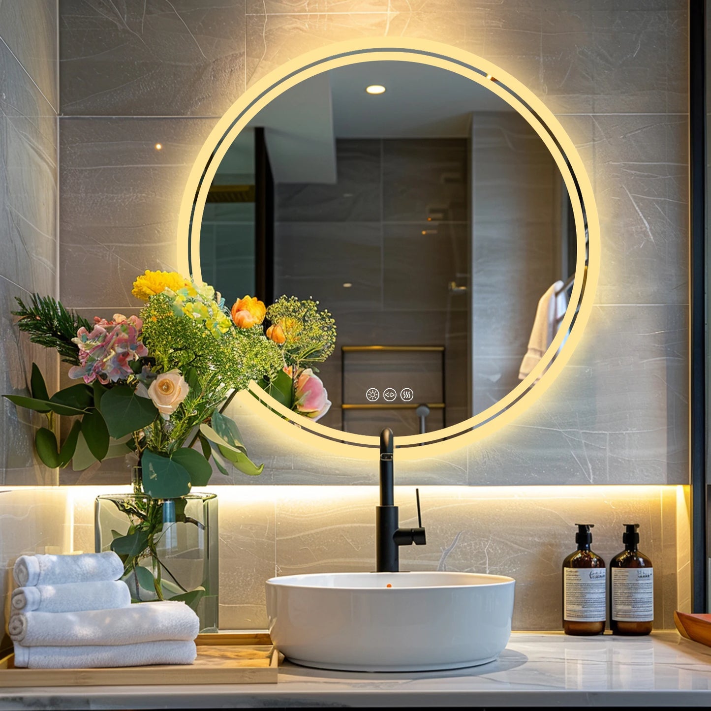 Circle Backlit Illuminated Wall Mounted Lighted Mirror Anti-Fog
