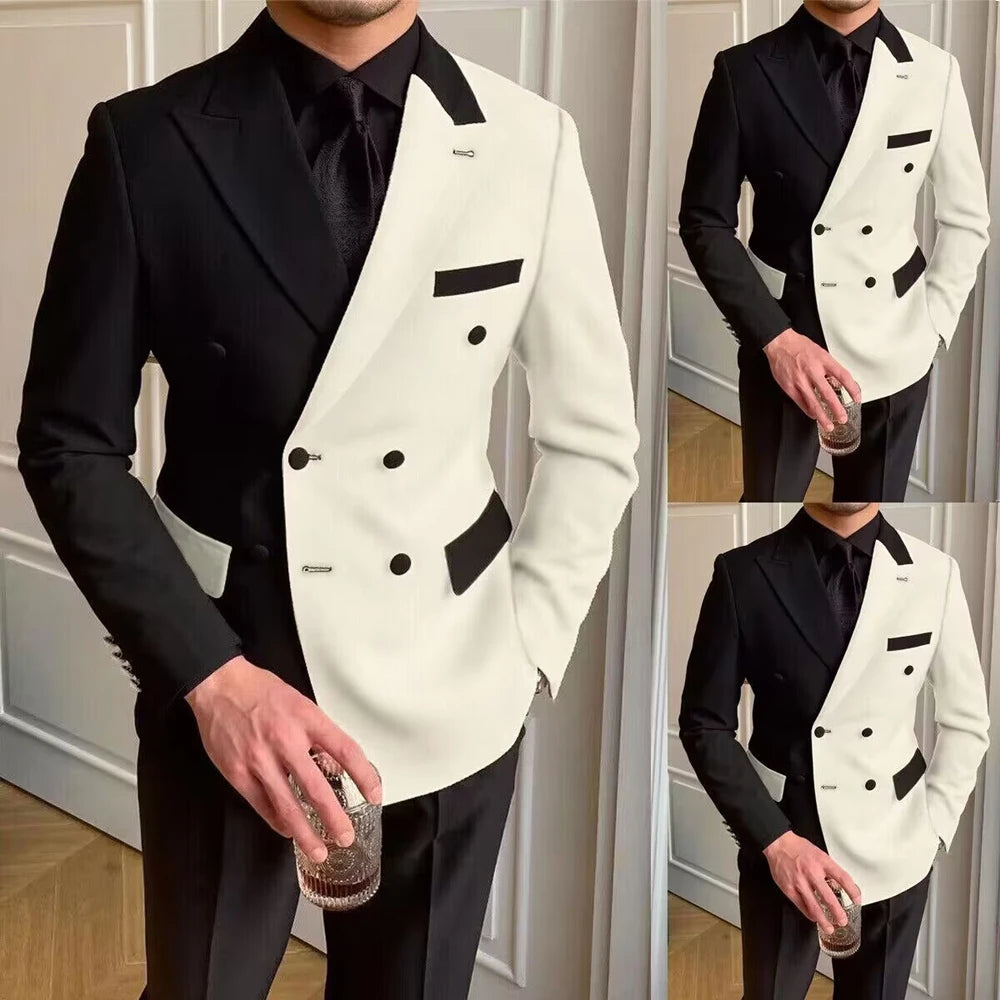 Black White Men Suit Slim Fit Peak Lapel Blazer Pants 2 Piece