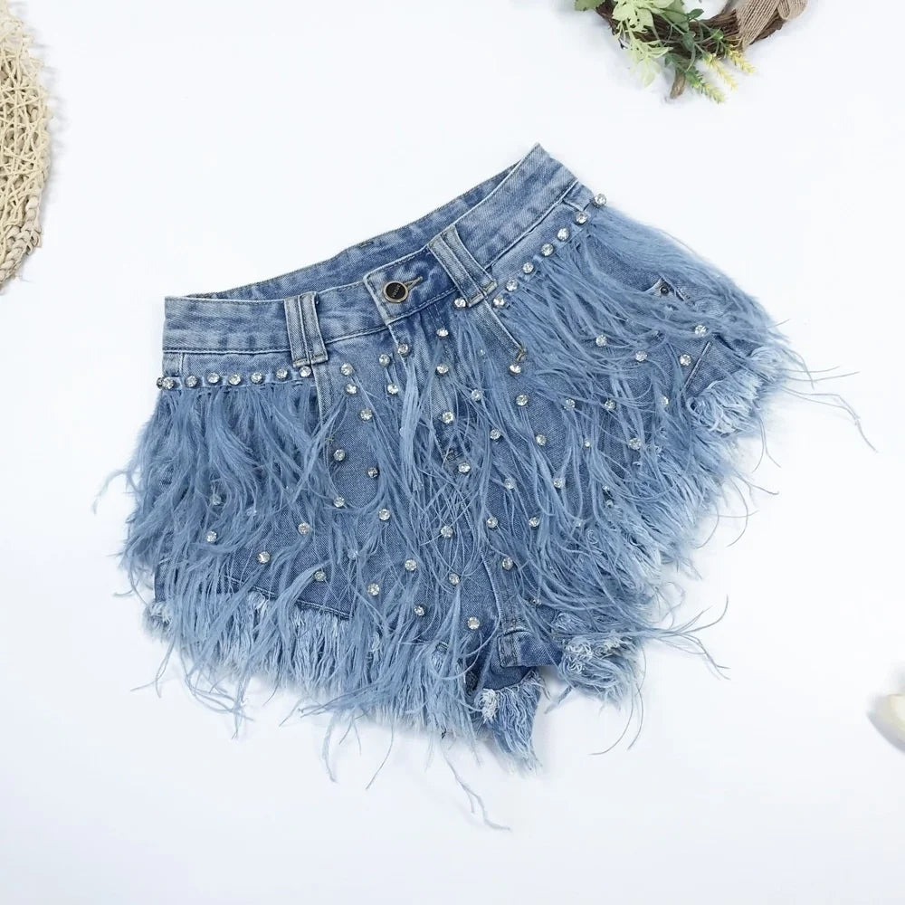 Rhinestone Beaded Feather High Waist Jeans Shorts