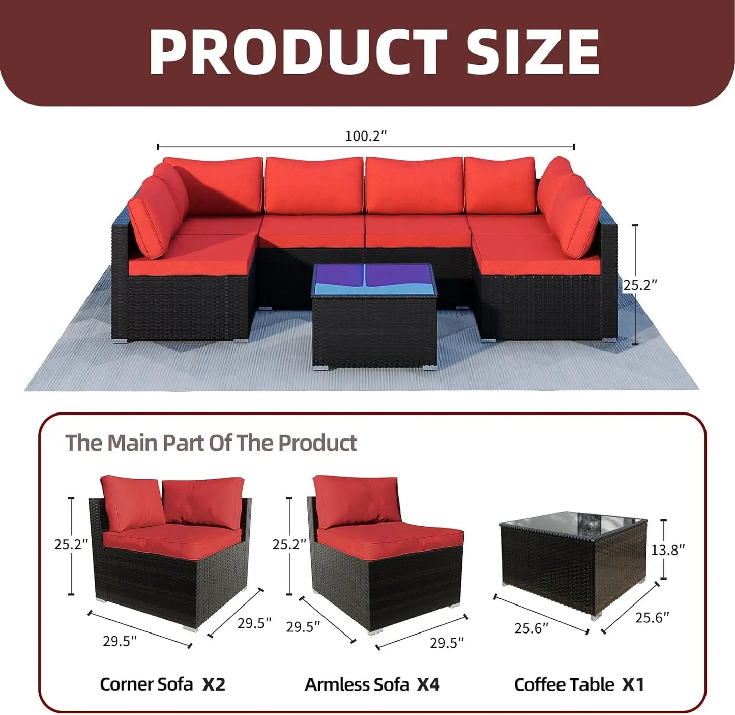 7-Pieces Couch,Patio Furniture Set for Porch Poolside Backyard