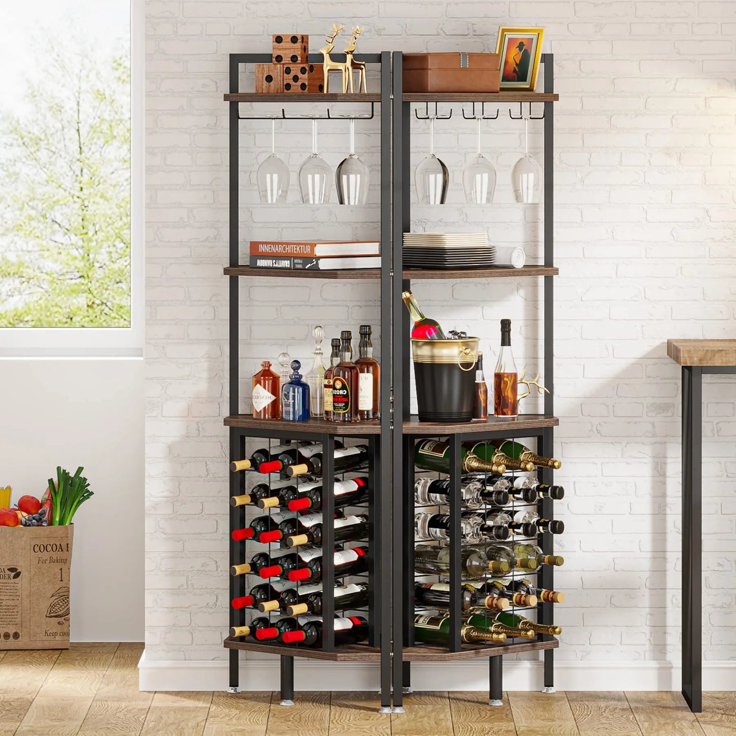 Wine Rack Cabinet 4 Tier Corner Shelf with Glass Holder