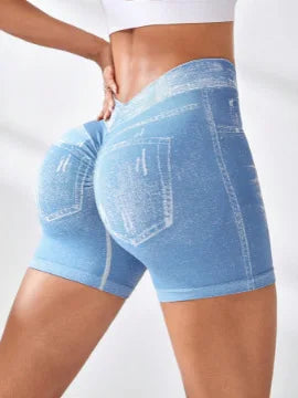 Womens V Back Faux Jeans Elastic Workout Yoga Pants