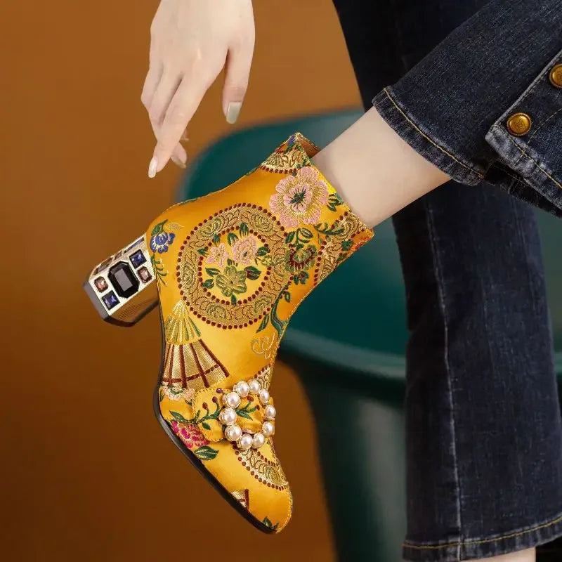Embroidery Floral Ankle Boots Genuine Leather