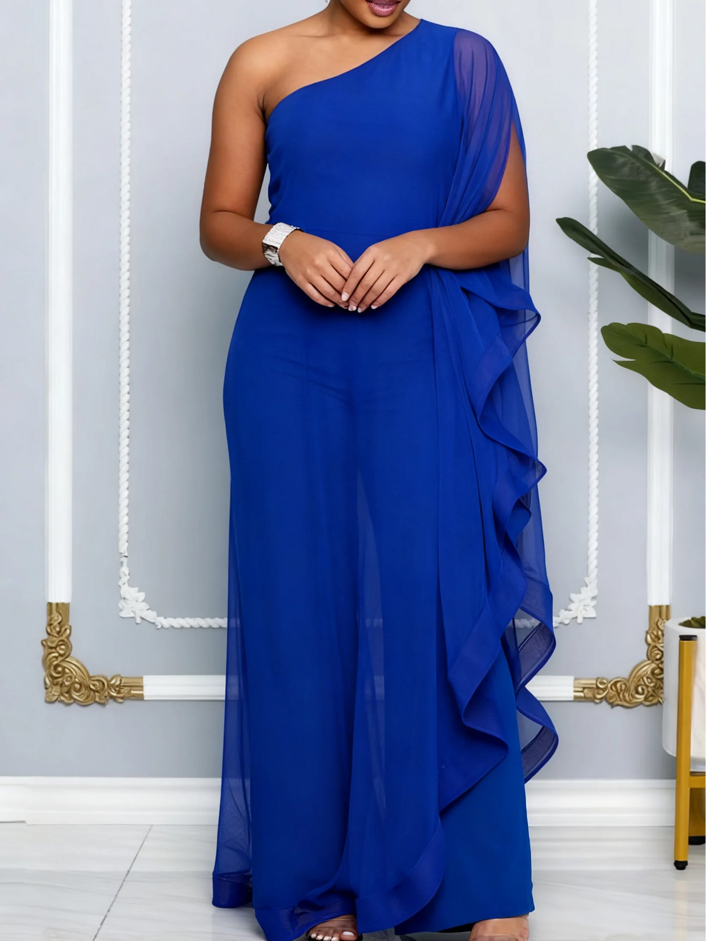 One Shoulder Ruffled Trim Jumpsuit