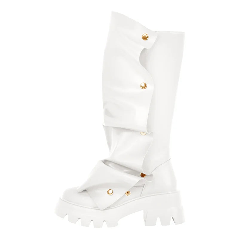 Plaftorm Red Fold Over Boots Block Heel Round Toe