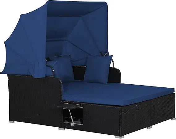 Outdoor Wicker Sunbed w/Cushions, 4 Pillows & 2 Retractable Side Trays