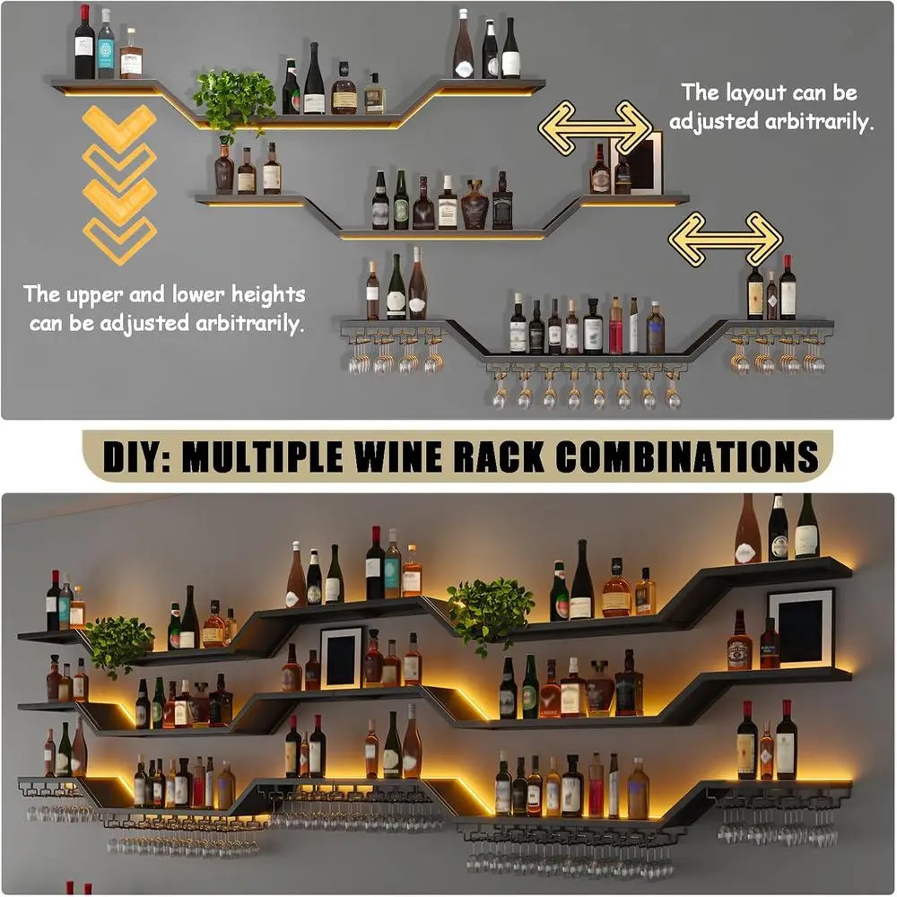 39.4in LED 3-Tier Floating Bar Shelves with Wine Glass Rack