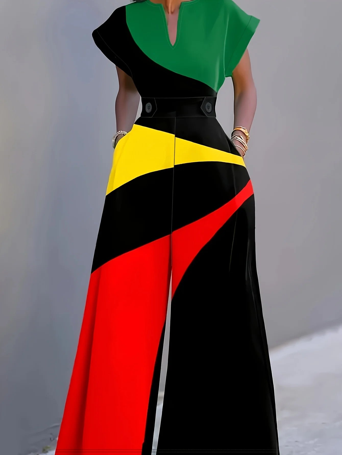 Colorblock Print V-neck Wide-leg Jumpsuit