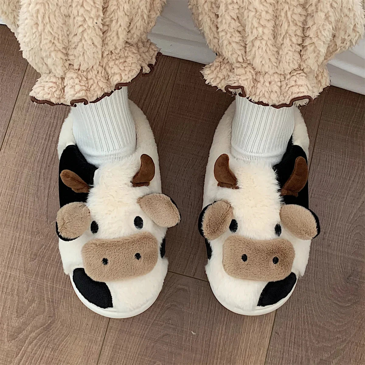 Warm Cow Furry Slippers Plush Lined