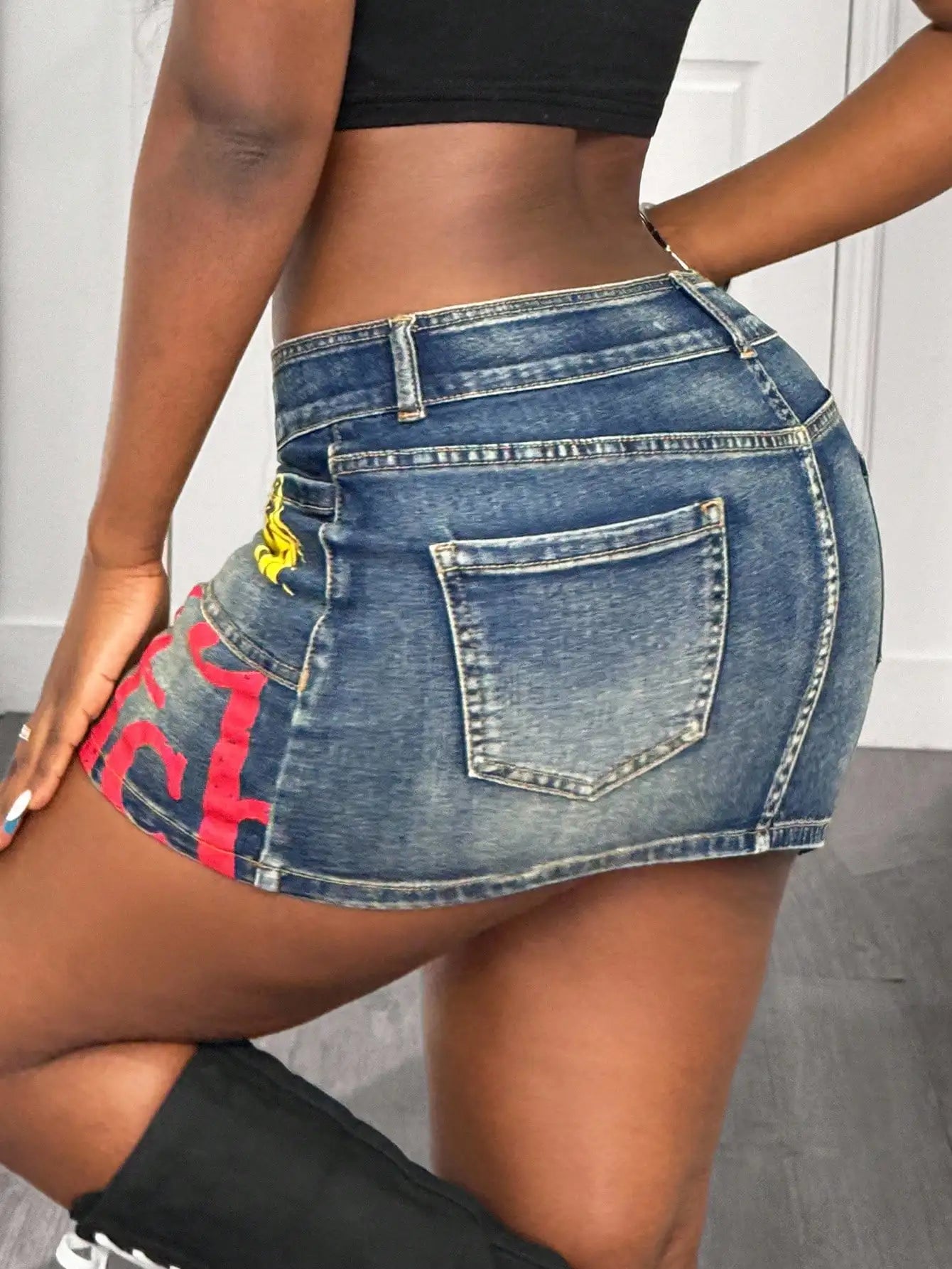 Letter Print Low Waist Denim Mini Skirt
