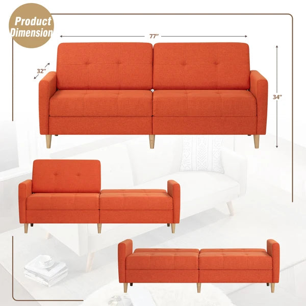 Modern Orange Linen Fabric Sofa Bed with Adjustable Backrest