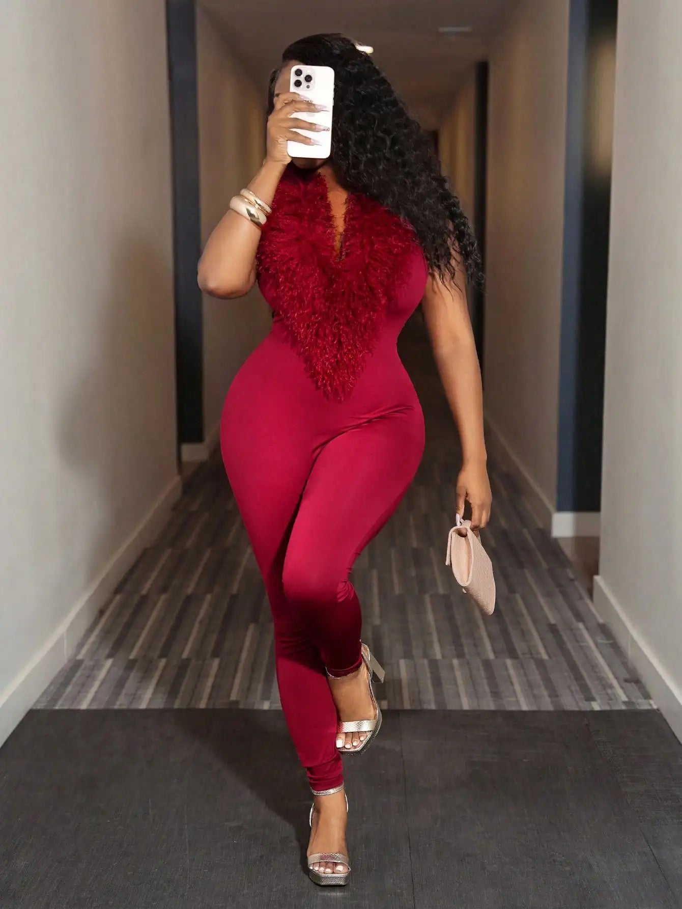 Solid Color Furry Turtleneck Jumpsuit