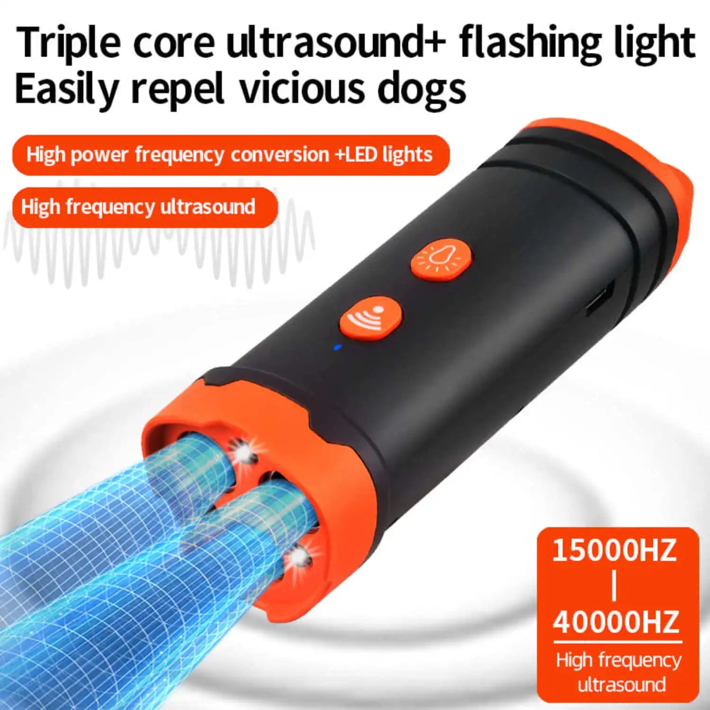 Ultrasonic Dog Repeller with LED Light Tri-core High Power