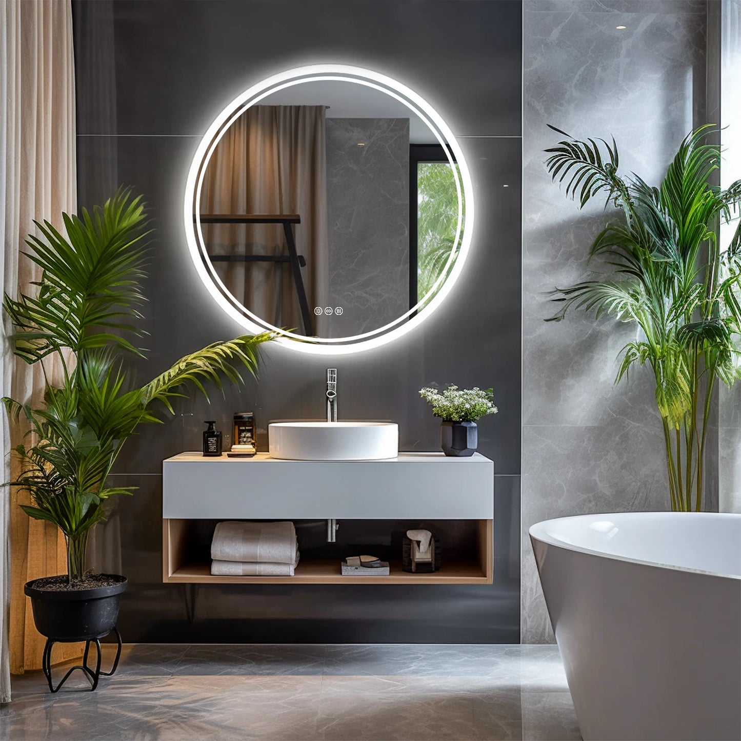 Circle Backlit Illuminated Wall Mounted Lighted Mirror Anti-Fog