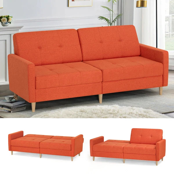 Modern Orange Linen Fabric Sofa Bed with Adjustable Backrest