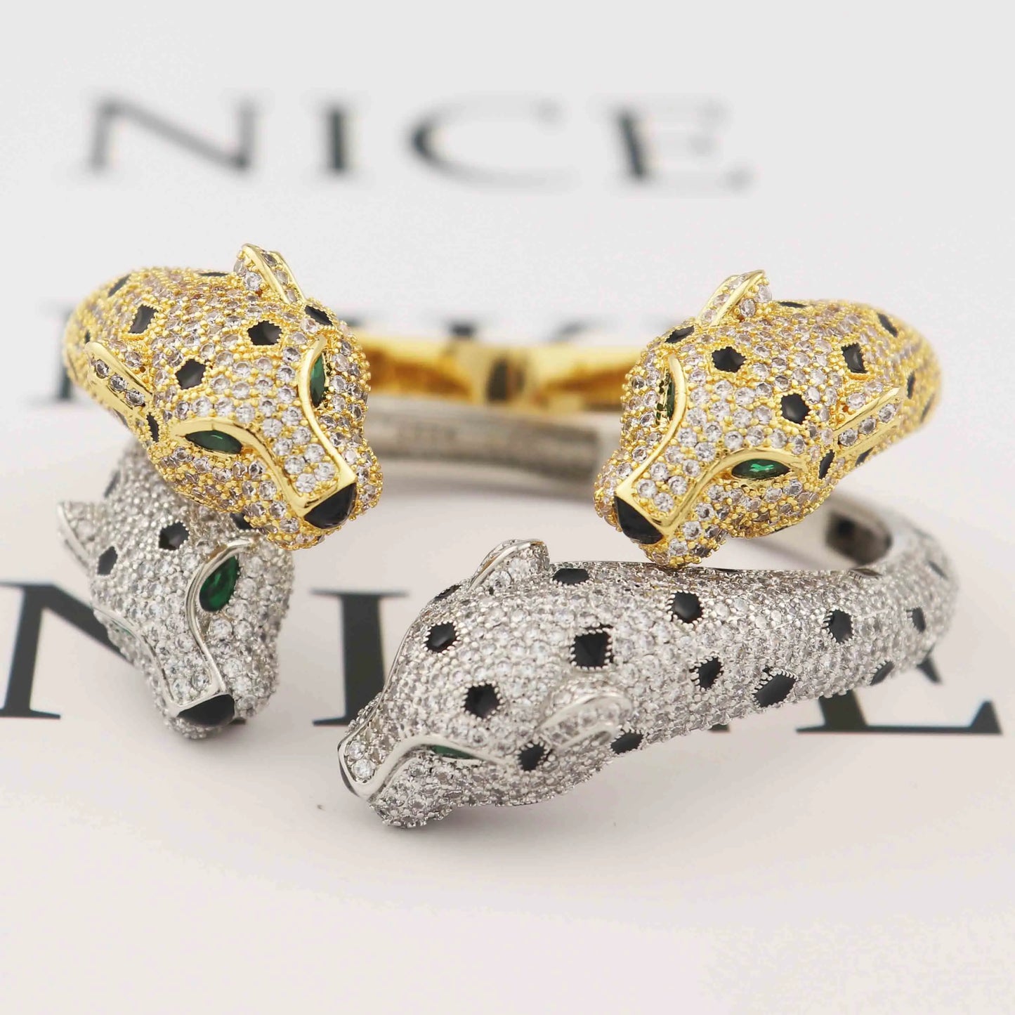 Luxury Double Leopard Head Bracelet with Ring Jewelry Set