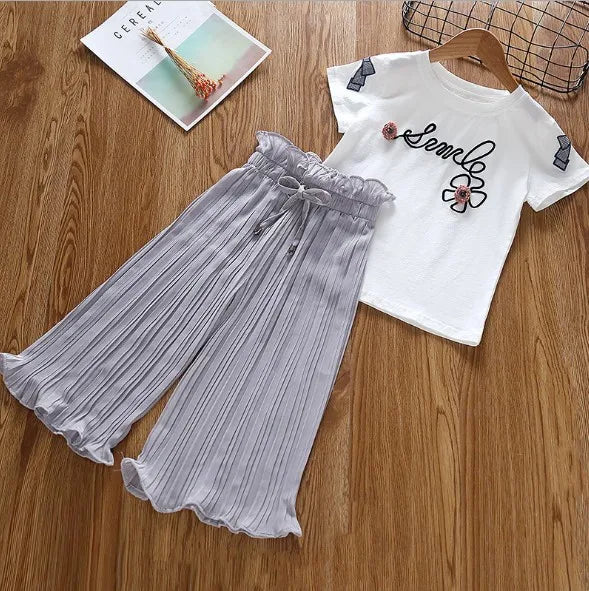 Girls Clothing Sets T-Shirt +Wide Leg Pants Suit