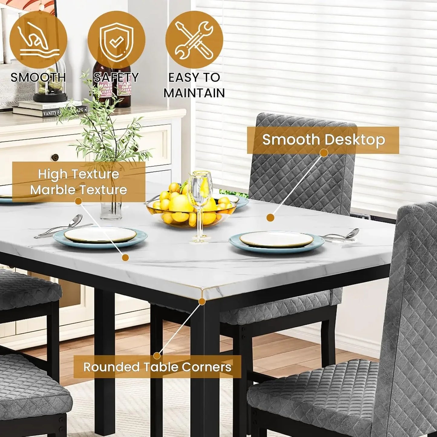 Faux Marble Dining Set with 4 Velvet Upholstered Chairs