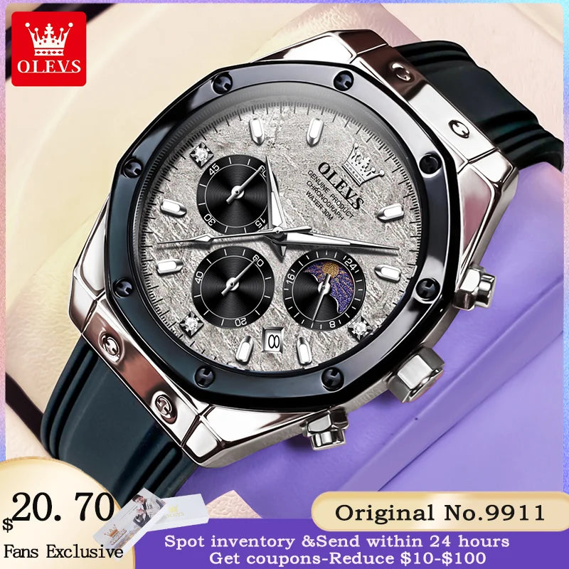 Waterproof Moon Phase Chronograph Quartz Watch