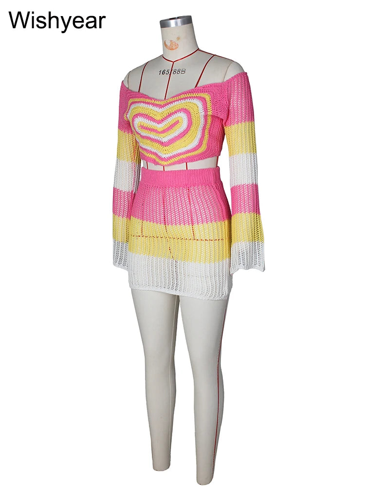 Heart Print Knit Crochet Two Piece Dress Set