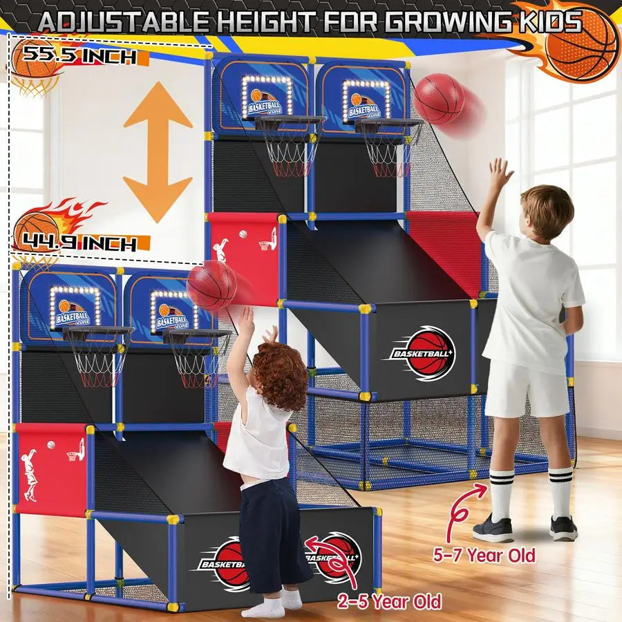 Dual Basketball Arcade with Electronic Scoreboard LED Light 6 Balls