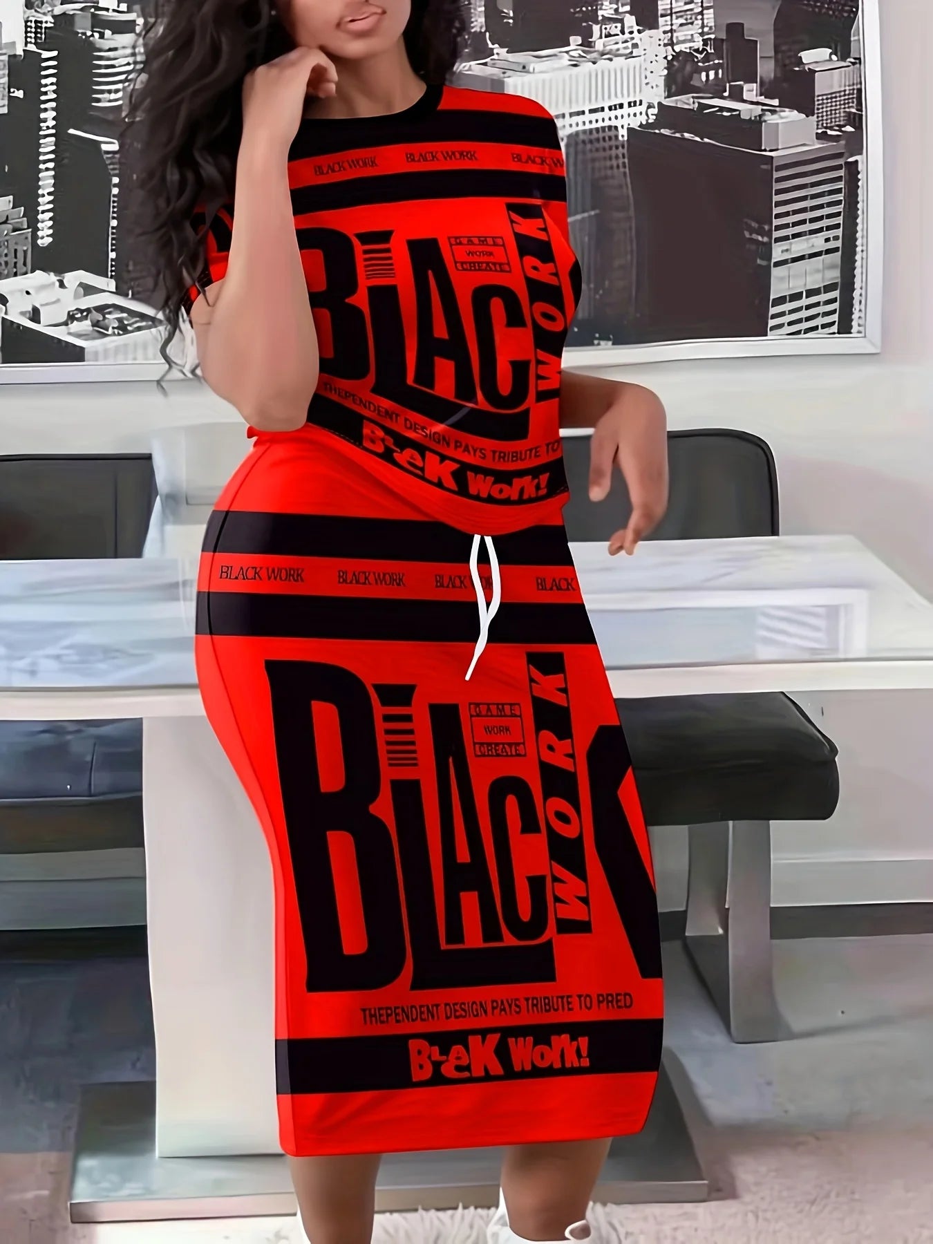 Plus Size Letter Print Drawstring Skirt Set